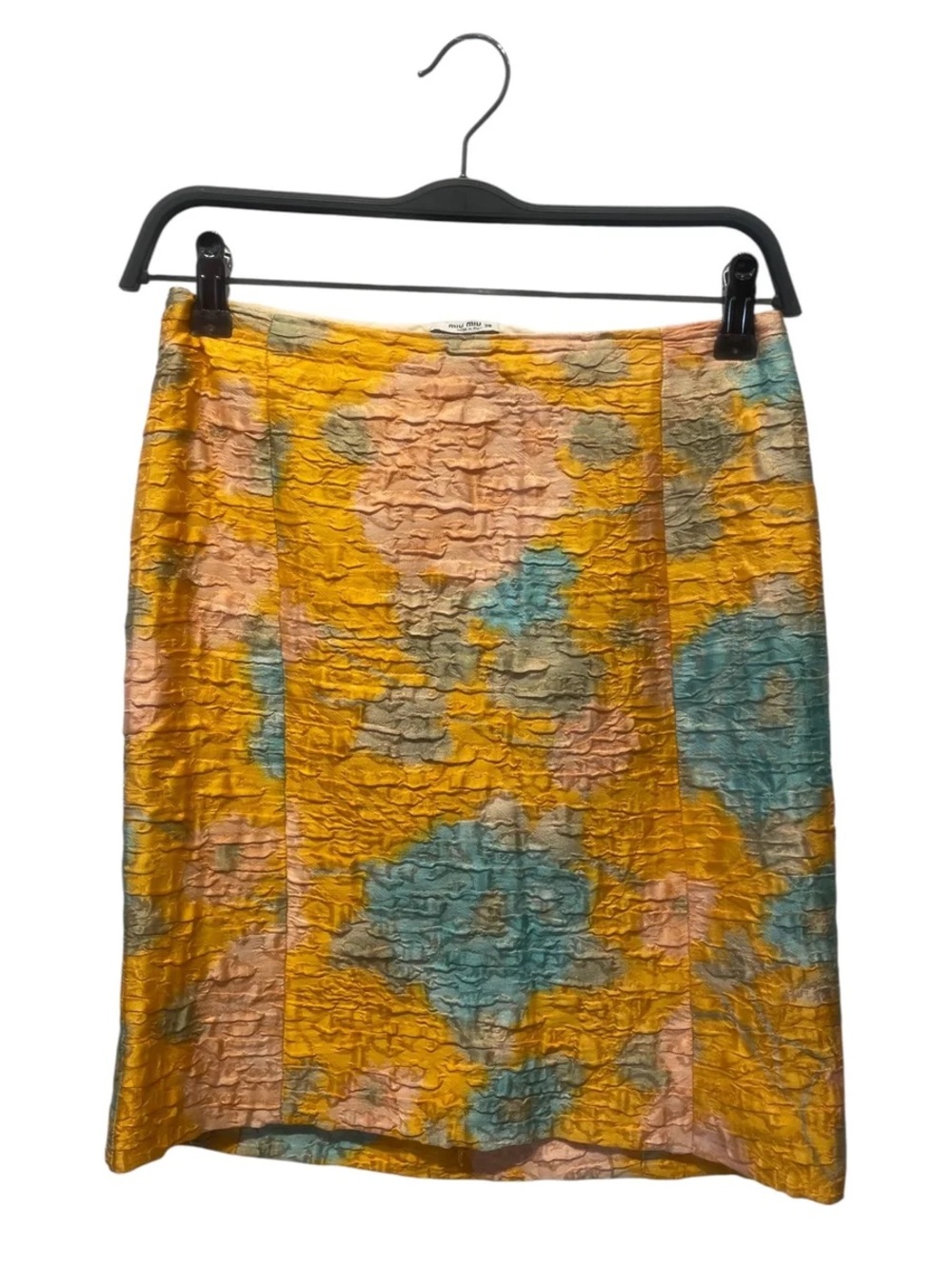 Miu Miu Yellow Textured Floral Pencil Skirt with Blue & Pink Accents
